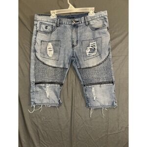 Rocawear‎ Jorts W 38 Blue Jean Shorts Distressed Ripped Stitch Classic Fit VTG
